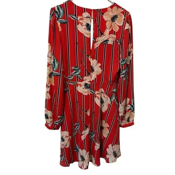 Express Women Dress small Red Floral Long Sleeve Mini Surplice wrap Lined fairy - Picture 3 of 13